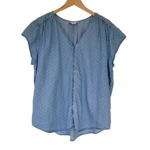 Liz Claiborne Blue Polka Dot Chambray Blouse Short Sleeve Womens Size XL